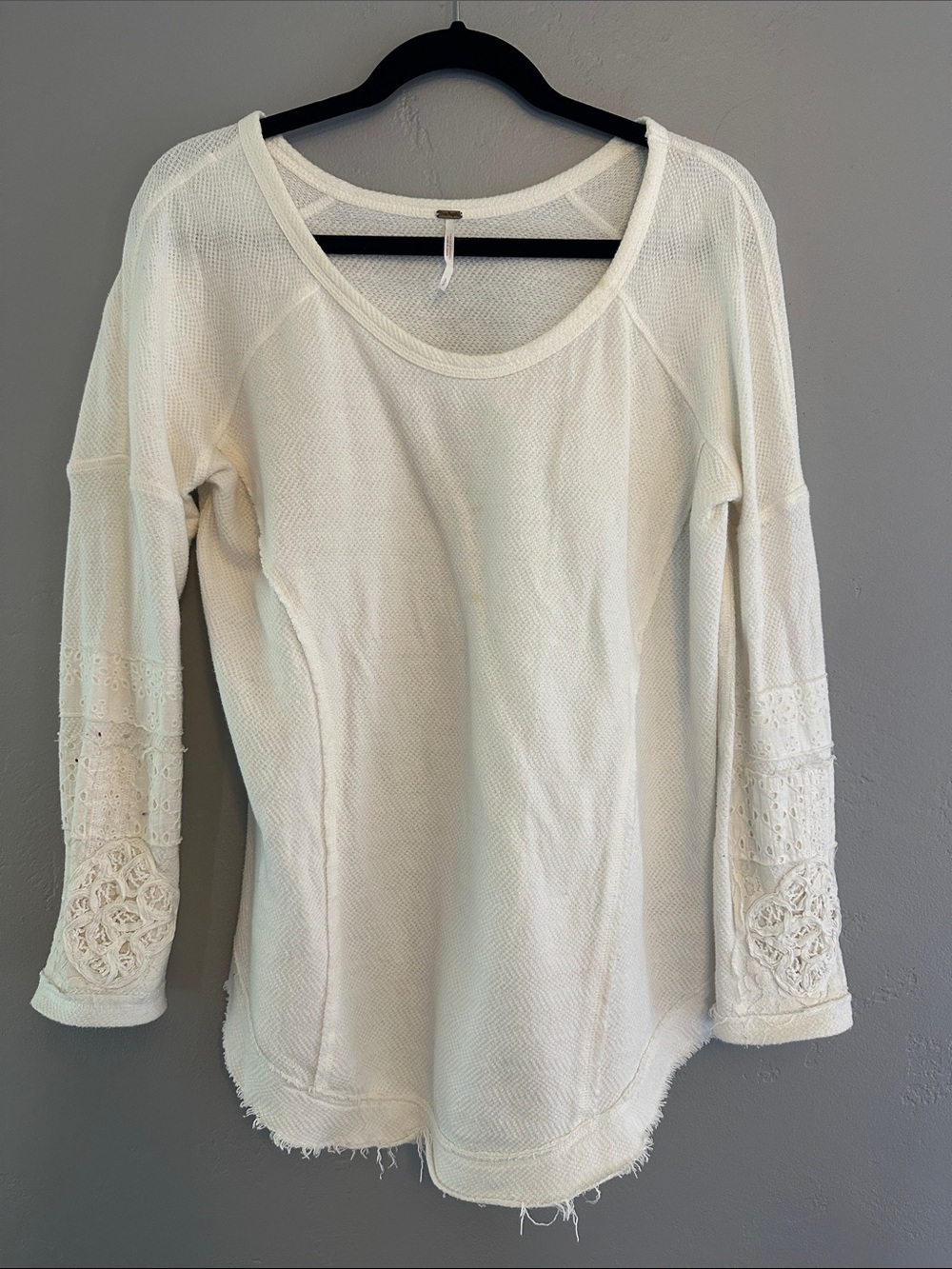 Free People Cream Long-Sleeve Crochet Detail Pullover